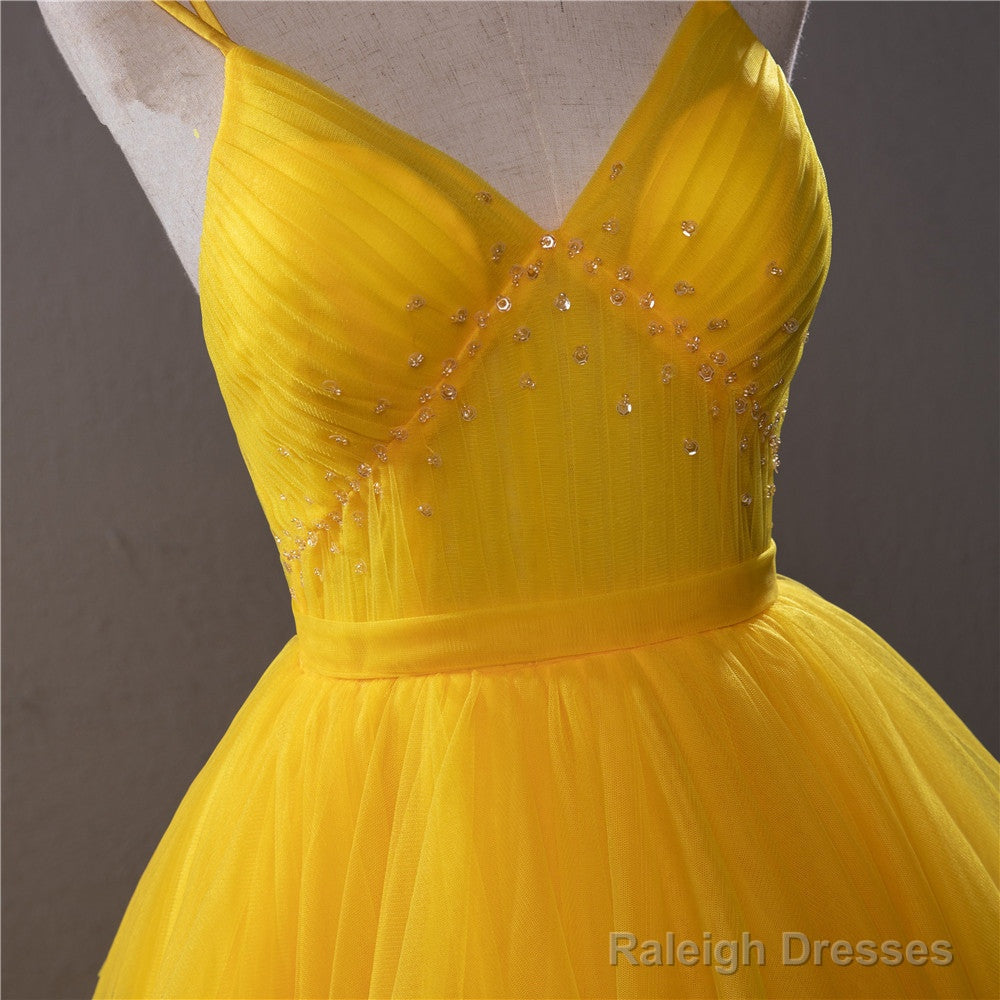Yellow V-Neckline Straps Tulle Beaded Long Party Dress, Yellow Formal Dress Prom Dress Secondary image
