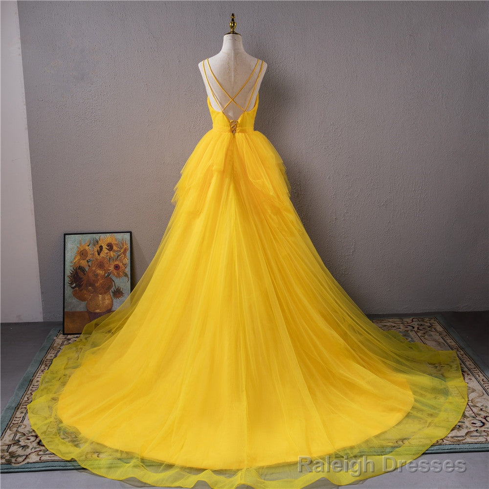 Yellow V-Neckline Straps Tulle Beaded Long Party Dress, Yellow Formal Dress Prom Dress