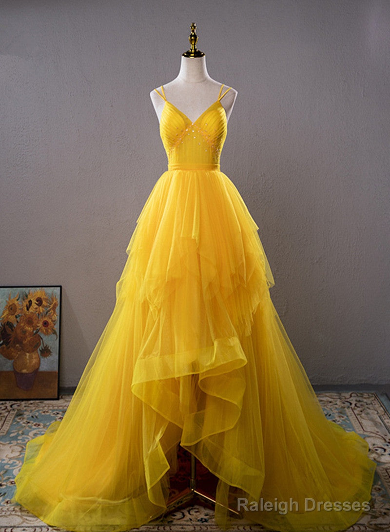 Yellow V-Neckline Straps Tulle Beaded Long Party Dress, Yellow Formal Dress Prom Dress Main image