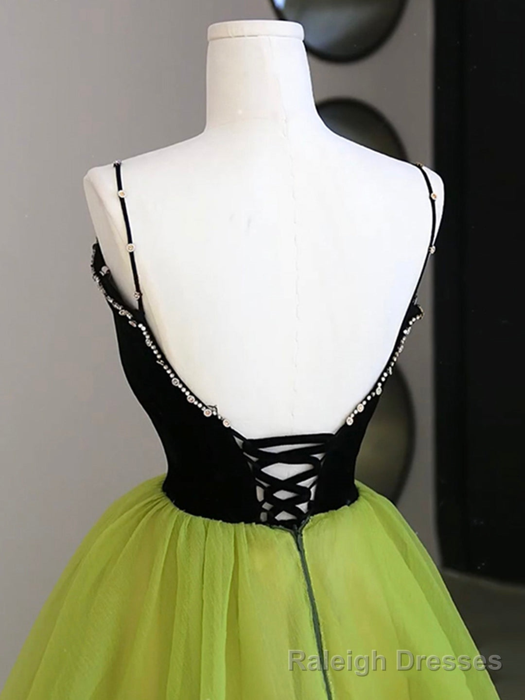 Black Velvet and Green Tulle Long Prom Dress, Green V-Neck Evening Dress
