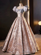 Stylish Floor Length Printing Prom Dresses, A Line Short Sleeve Backless Prom Formal Dresses