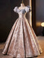 Stylish Floor Length Printing Prom Dresses, A Line Short Sleeve Backless Prom Formal Dresses
