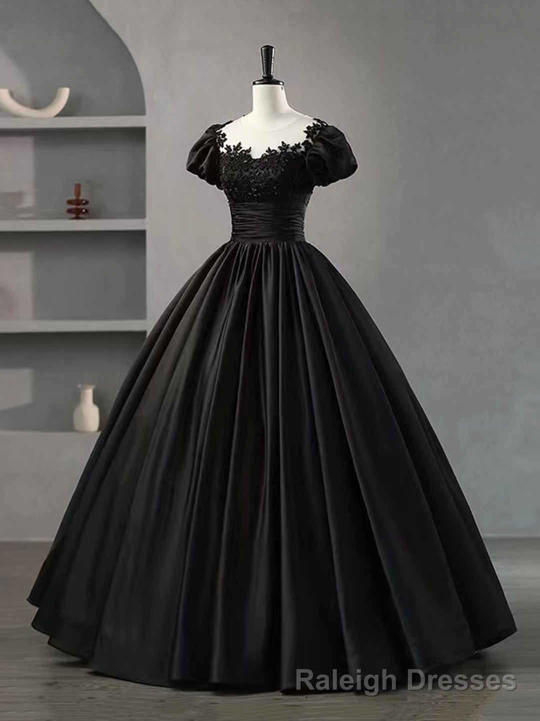 Black Scoop Neckline Satin Lace Long Prom Dress, A Line Short Sleeve Prom Dress Main image