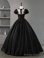 Black Scoop Neckline Satin Lace Long Prom Dress, A-Line Short Sleeve Party Dress