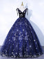 Navy Blue Tulle Long Prom Dress, Spaghetti Straps Lace Flower Backless Evening Dress