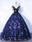 Navy Blue Tulle Long Prom Dress, Spaghetti Straps Lace Flower Backless Prom Dress