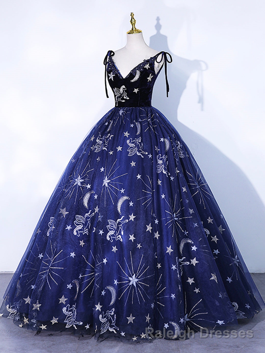 Navy Blue Tulle Long Prom Dress, Spaghetti Straps Lace Flower Backless Prom Dress Main image