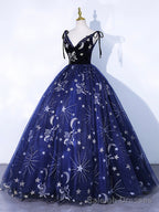 Navy Blue Tulle Long Prom Dress, Spaghetti Straps Lace Flower Backless Prom Dress
