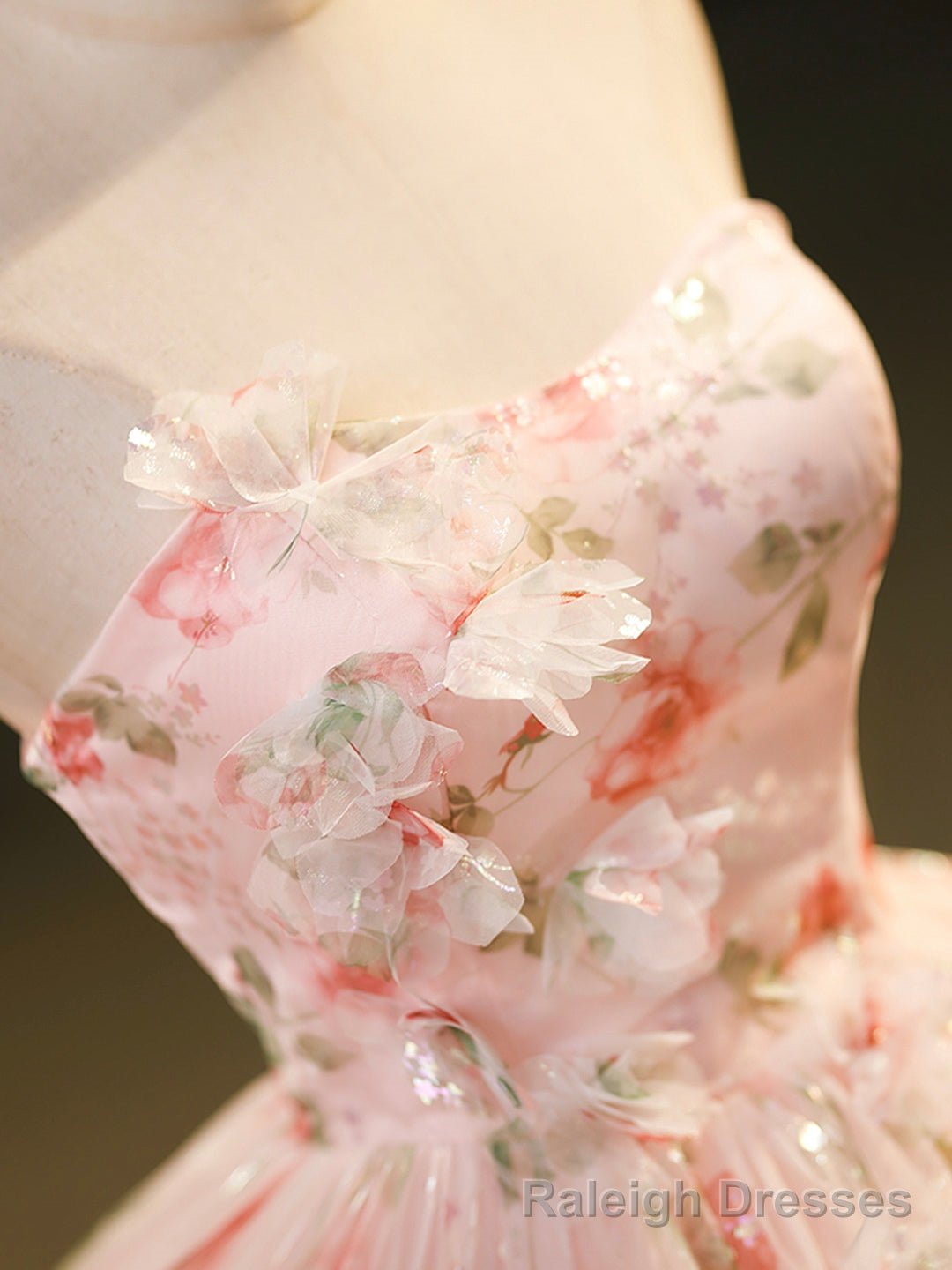 Beautiful Strapless Tulle Flower Long Prom Dress, Pink Ball Gown Formal Dress