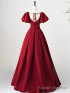 Lovely Satin Floor Length Short Sleeves Party Dress, A-Line Evening Party Dress