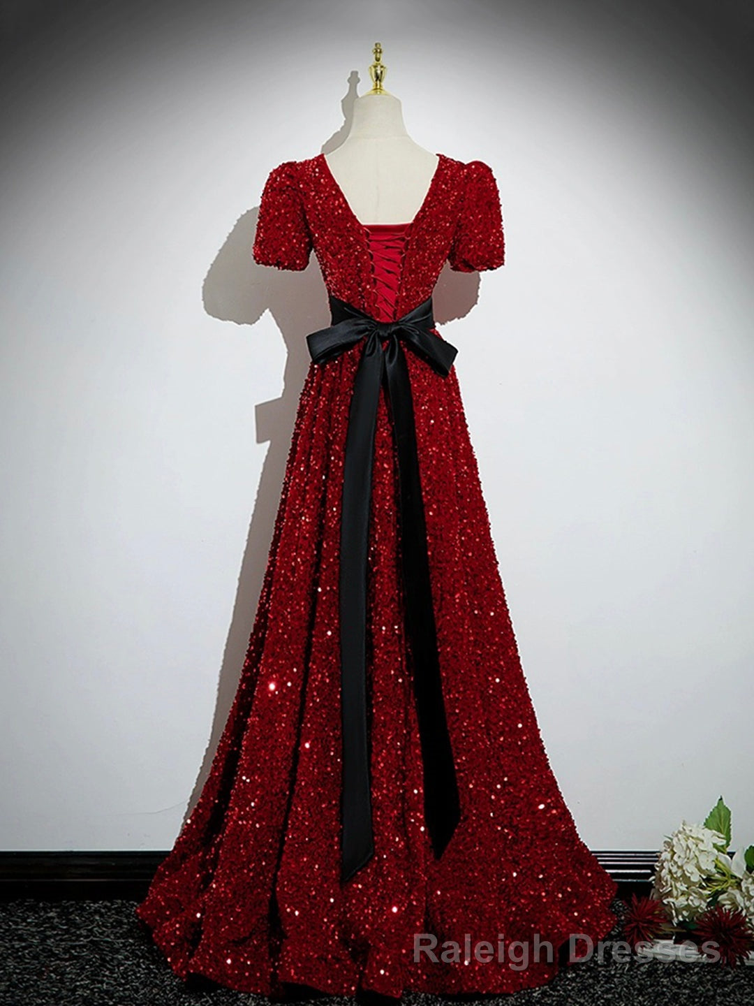 Burgundy V-Neck Sequins Long Prom Dress, A-Line Evening Party Dress with Bow Main image