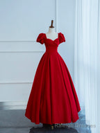 Dark Red Satin Long Prom Dress, A Line Short Sleeve Prom Prom Dress