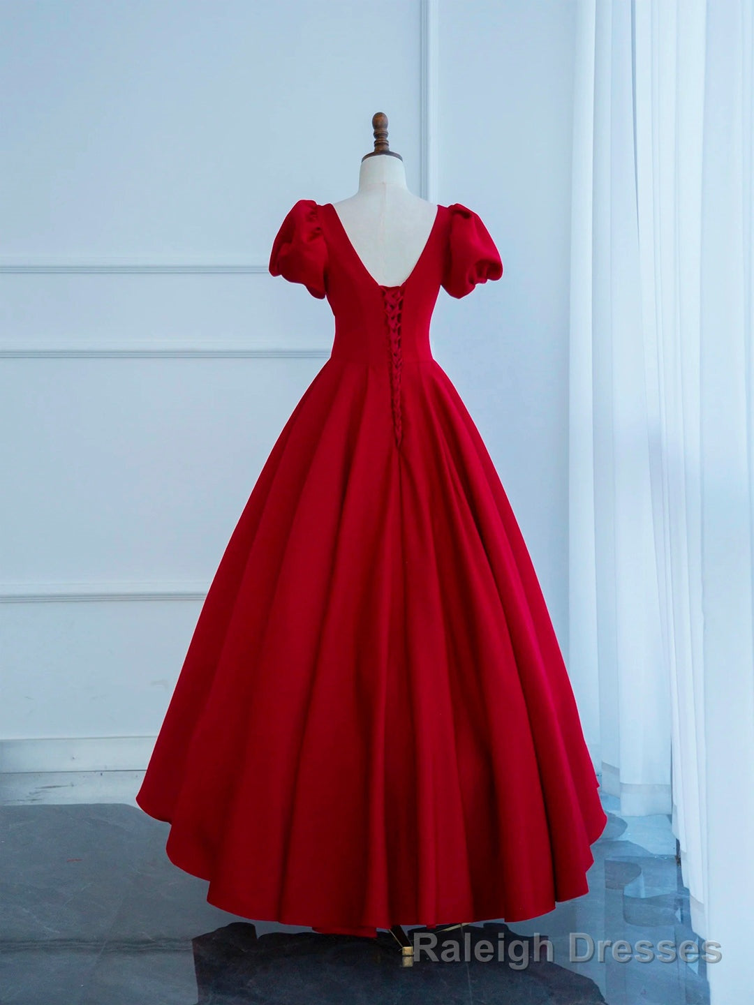Dark Red Satin Long Prom Dress, A-Line Short Sleeve Evening Party Dress