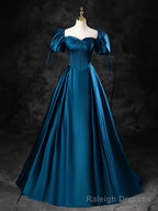Blue Satin Off the Shoulder Floor Length Prom Dress, Blue A-Line Party Dress