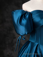 Blue Satin Off the Shoulder Floor Length Prom Dress, Blue A-Line Party Dress