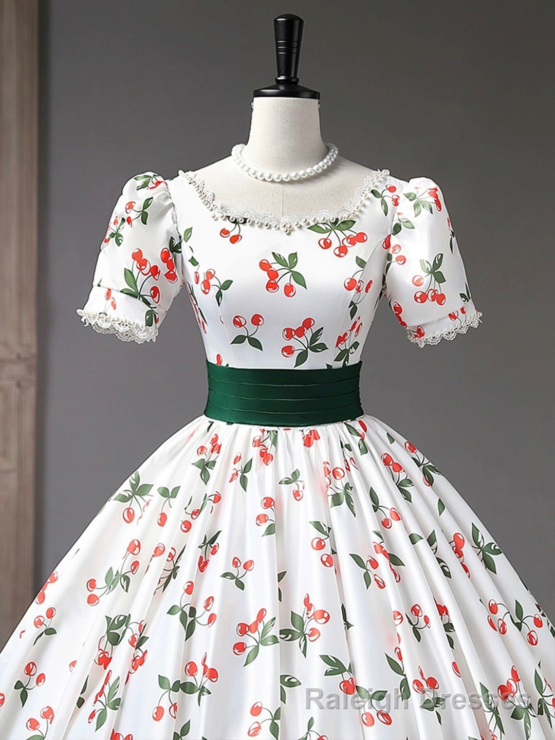 Beautiful Cherry Pattern Long Princess Prom Dress, White A-Line Short Sleeve Evening Party Dress