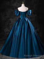 Blue Satin Off the Shoulder Floor Length Prom Dress, Blue A-Line Party Dress