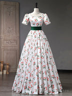 Beautiful Cherry Pattern Long Princess Prom Dress, White A Line Short Sleeve Prom Prom Dress