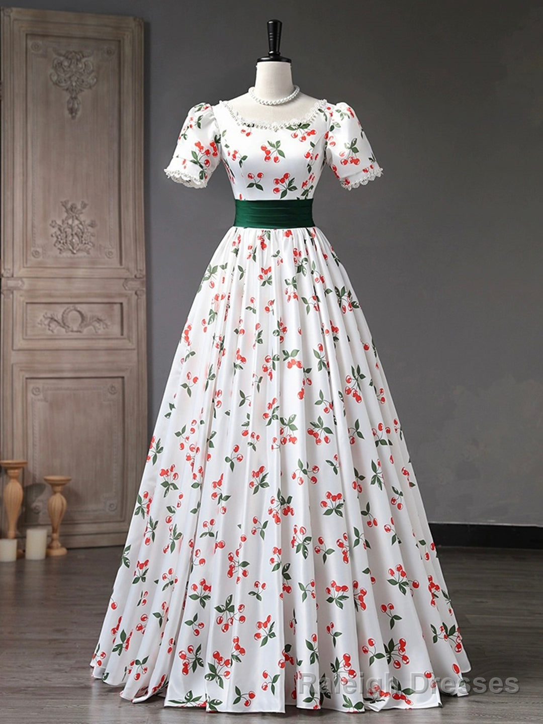 Beautiful Cherry Pattern Long Princess Prom Dress, White A Line Short Sleeve Prom Prom Dress