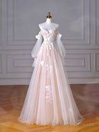 Champagne Tulle Lace Sweetheart Neck Long Formal Dress, A Line Puff Sleeves Prom Dress