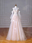 Champagne Tulle Lace Sweetheart Neck Long Formal Dress, A Line Puff Sleeves Prom Dress