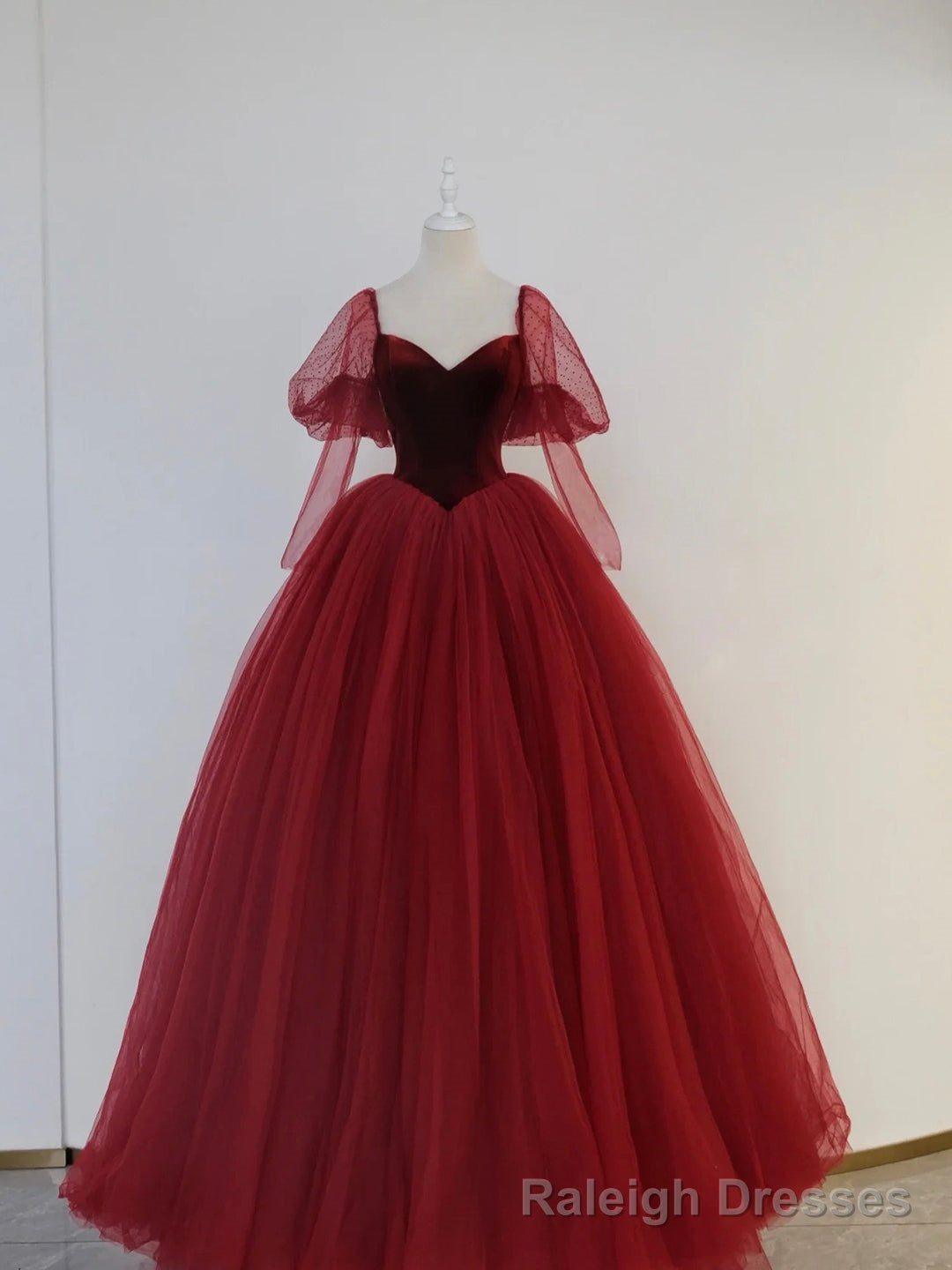 Burgundy Velvet and Tulle Floor Length Formal Dress, A-Line Long Sleeve Tulle Evening Party Dress