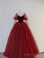 Burgundy Velvet and Tulle Floor Length Formal Dress, A-Line Long Sleeve Tulle Evening Party Dress