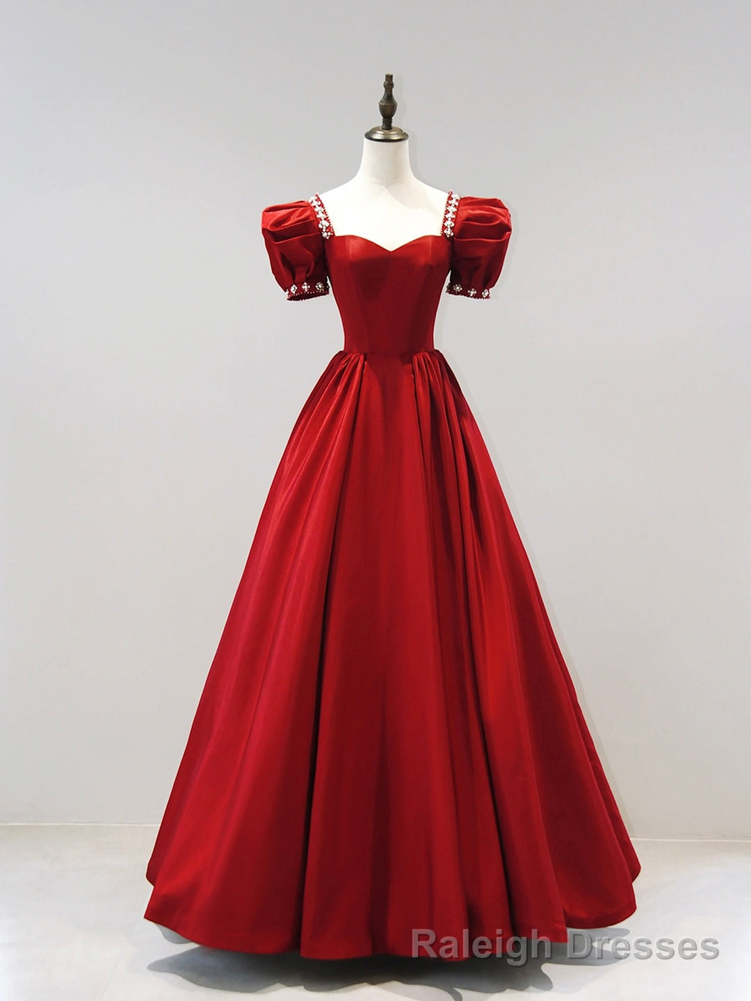 Burgundy Satin Floor Length Princess Dress with Beaded, A-Line Short Sleeve Evening Party Dress Main image