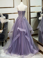 Purple Spaghetti Straps Lace Prom Dress, Lovely Tulle Corset Floor Length Prom Dress