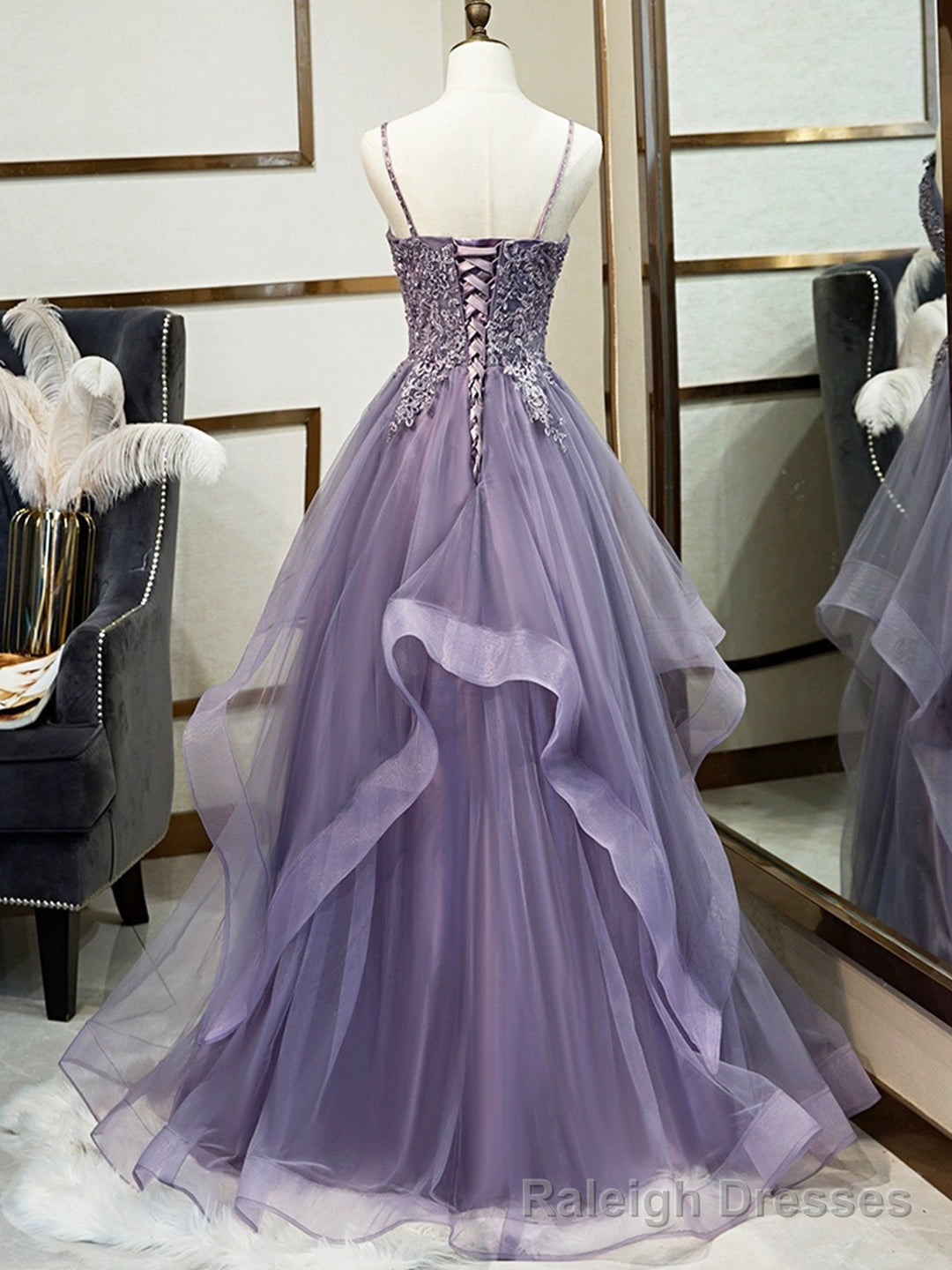 Purple Spaghetti Straps Lace Prom Dress, Lovely Tulle Corset Floor Length Prom Dress