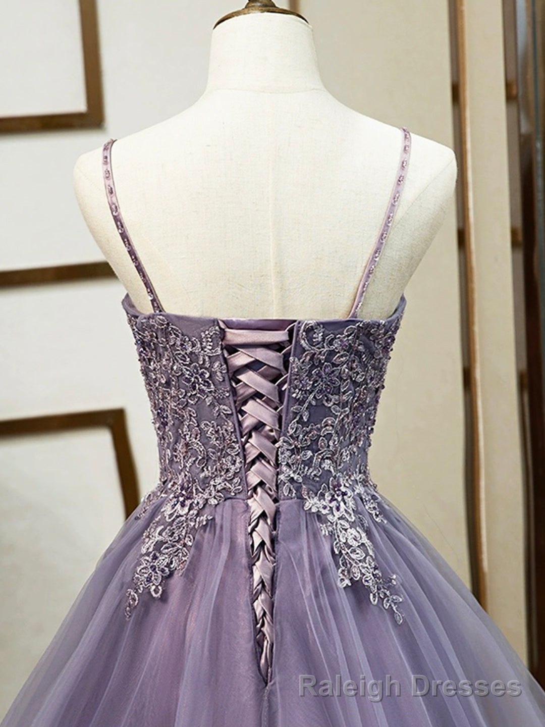 Purple Spaghetti Straps Lace Prom Dress, Lovely Tulle Corset Floor Length Prom Dress