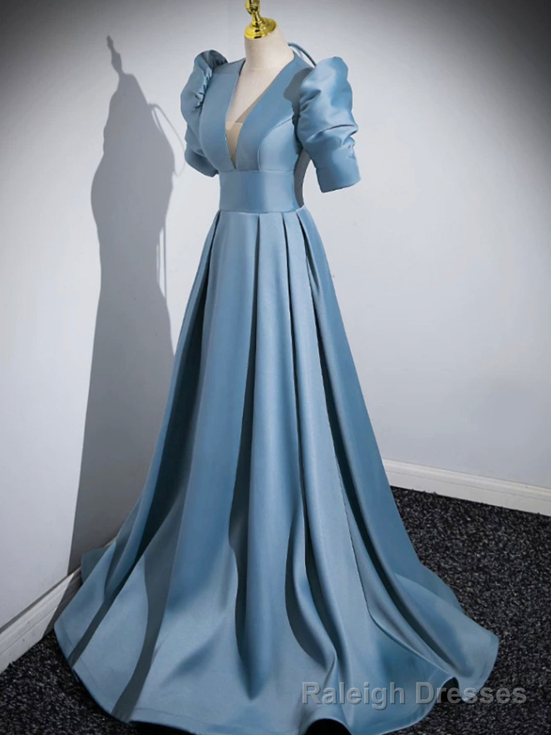 Blue Floor Length V-Neck Satin Prom Dress, Simple A-Line Evening Dress Main image