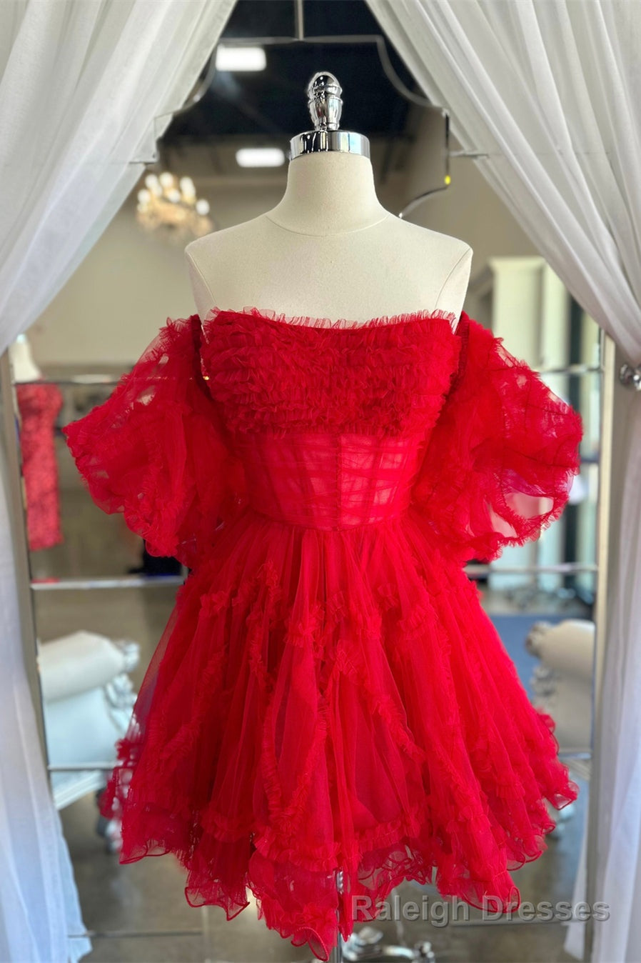 Red Tulle Puff Sleeves Ruffles Tulle Homecoming Dress Main image