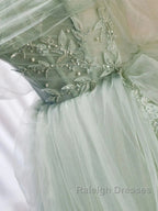 Zoom Light Green Tulle Beaded Sweetheart Long Prom Dress, A-Line Green Formal Dress