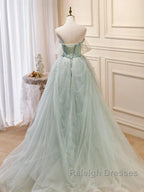 Zoom Light Green Tulle Beaded Sweetheart Long Prom Dress, A-Line Green Formal Dress