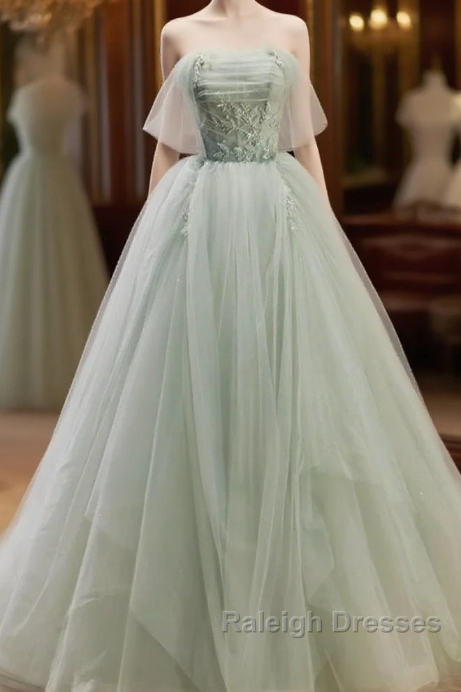 Zoom Light Green Tulle Beaded Sweetheart Long Prom Dress, A-Line Green Formal Dress Main image