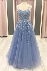 Blue Tulle Lace Applique Long Prom Dress, Lace Formal Dress