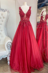 Red V-Neck Tulle Lace Long Prom Dresses, A-Line Red Evening Party Dresses