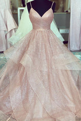 rose gold ruffled long prom dress with pleated bodice