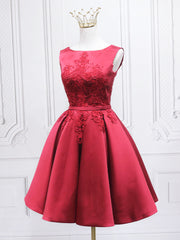 Burgundy Satin Lace Short Prom Dress, A-Line Homecoming Dress