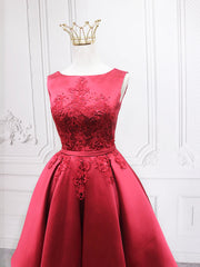 Burgundy Satin Lace Short Prom Dress, A-Line Homecoming Dress