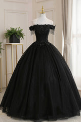Black Tulle Lace Off the Shoulder Prom Dress, Black A-Line Evening Dress