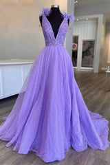 Purple V-Neck Tulle Sequins Long Prom Dress, A-Line Evening Party Dress