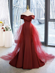 Mermaid V-Neck Satin Long Prom Dress,  Burgundy Off Shoulder Evening Dress with Bow