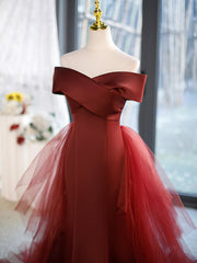 Mermaid V-Neck Satin Long Prom Dress,  Burgundy Off Shoulder Evening Dress with Bow
