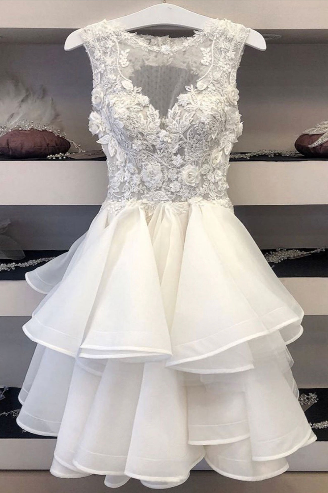 White Lace Short Prom Dresses, A-Line Lace Evening Dresses