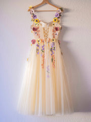 Champagne Corset Floral Tulle Party Dress, Cute A-Line Homecoming Dress