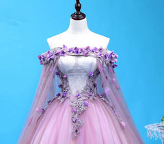 Prom Dresses 2023 Cheap, Light Purple Tulle Long Sweet 16 Gown, Flowers Quinceanera Dress