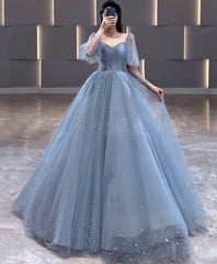 Blue V Neck Tulle Sequin Long Prom Dress, Blue Tulle Formal Dress, 1
