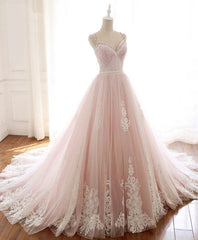 Pink Sweetheart Lace Tulle Long Prom Dress, Lace Pink Evening Dress